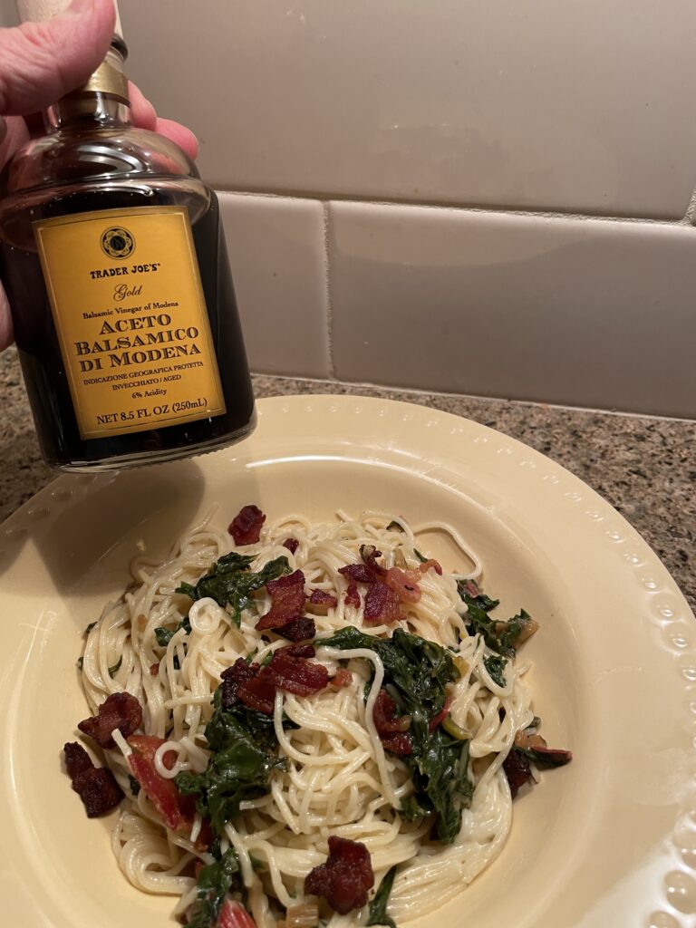 Swiss chard, pasta with a cream sauce, Balsamic vinegar.