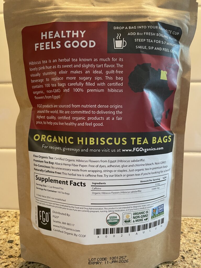 Back of FGO organic hibiscus tea package.